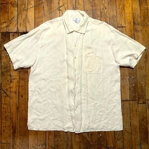 Cumran Shirt Mens XL Cream Textured 100% Silk Short Sleeve Collared Button Front